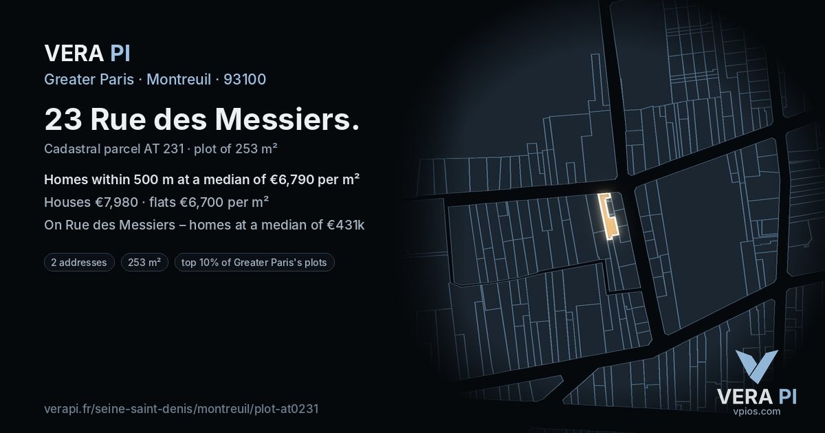 23 Rue des Messiers, Montreuil at night – the plot lit, the parcels around coloured by the prices near them