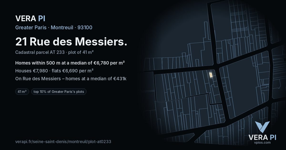 21 Rue des Messiers, Montreuil at night – the plot lit, the parcels around coloured by the prices near them