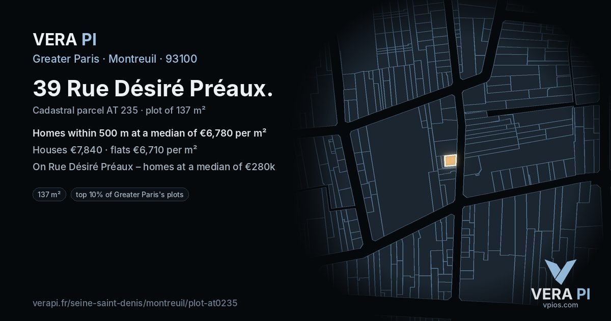 39 Rue Désiré Préaux, Montreuil at night – the plot lit, the parcels around coloured by the prices near them
