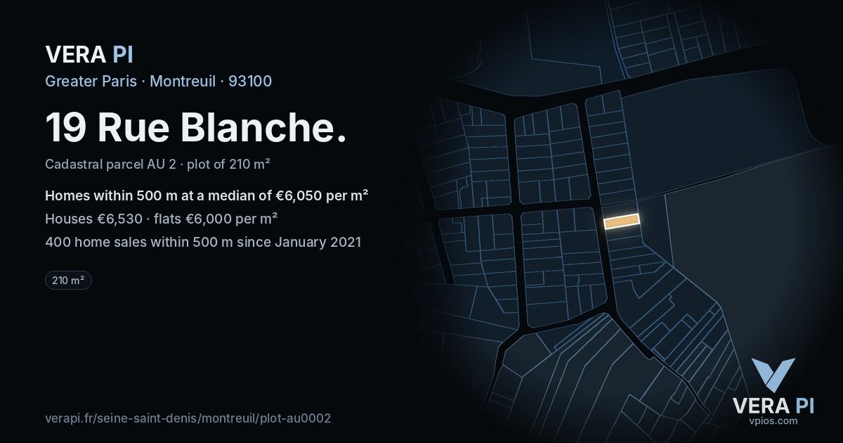 19 Rue Blanche, Montreuil at night – the plot lit, the parcels around coloured by the prices near them