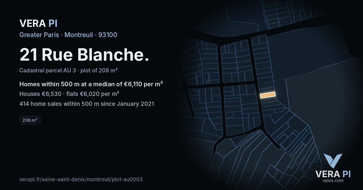 21 Rue Blanche, Montreuil at night – the plot lit, the parcels around coloured by the prices near them