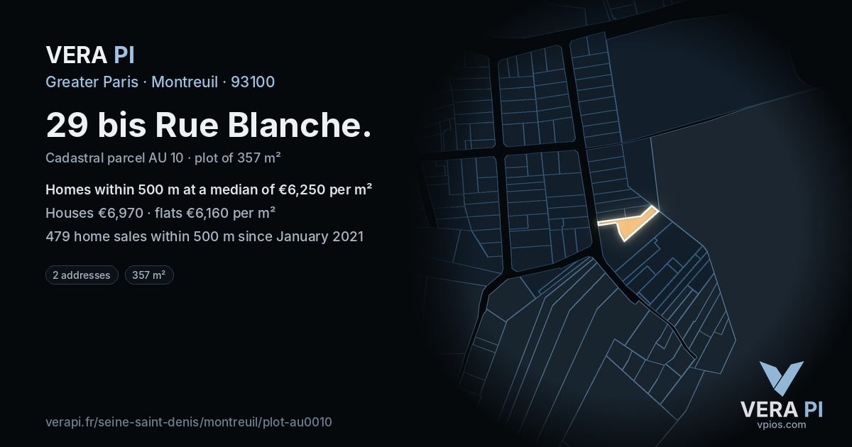29 bis Rue Blanche, Montreuil at night – the plot lit, the parcels around coloured by the prices near them