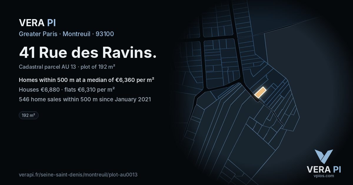 41 Rue des Ravins, Montreuil at night – the plot lit, the parcels around coloured by the prices near them
