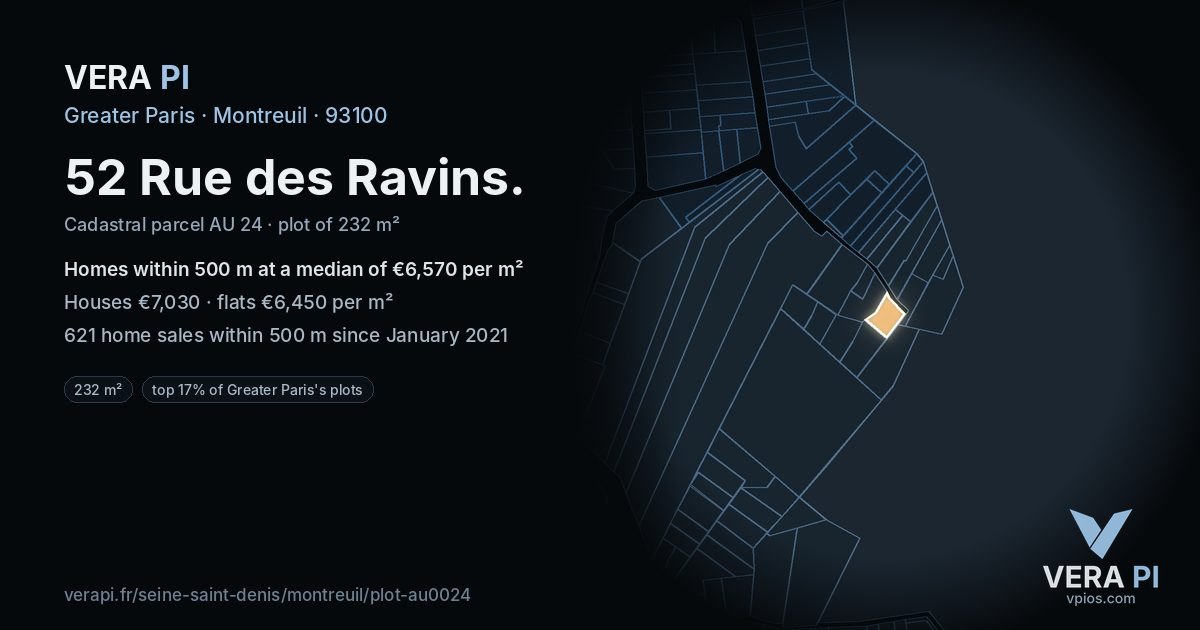 52 Rue des Ravins, Montreuil at night – the plot lit, the parcels around coloured by the prices near them