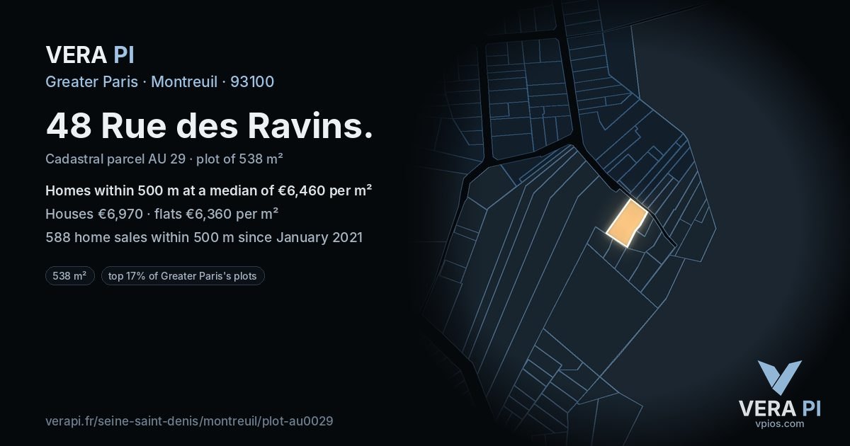 48 Rue des Ravins, Montreuil at night – the plot lit, the parcels around coloured by the prices near them