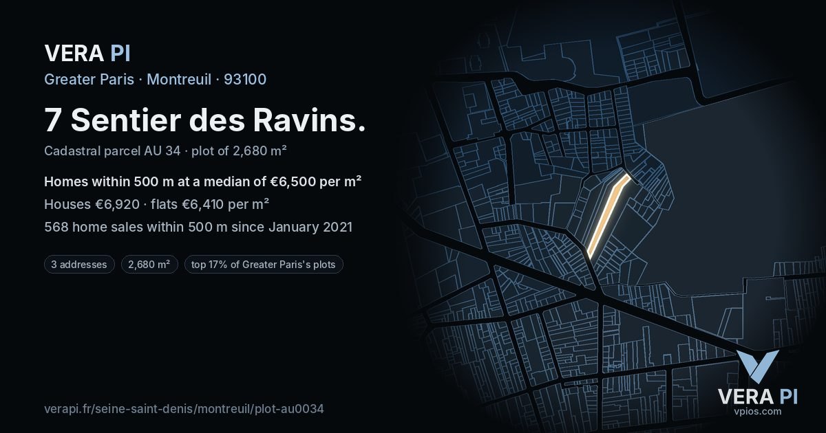 7 Sentier des Ravins, Montreuil at night – the plot lit, the parcels around coloured by the prices near them