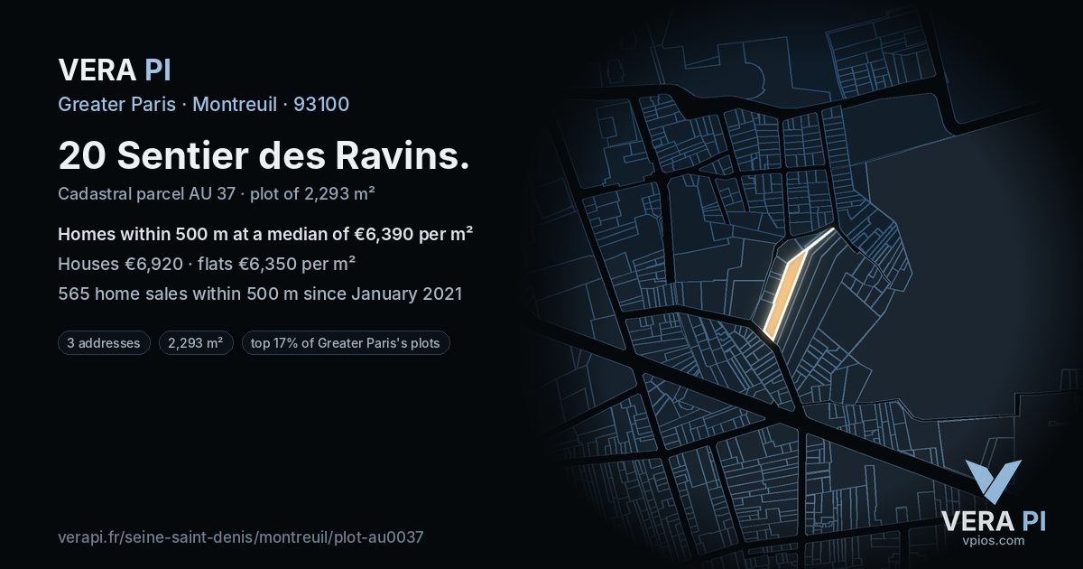 20 Sentier des Ravins, Montreuil at night – the plot lit, the parcels around coloured by the prices near them