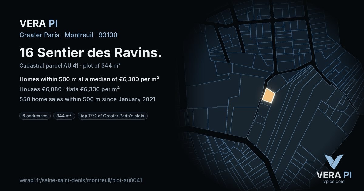 16 Sentier des Ravins, Montreuil at night – the plot lit, the parcels around coloured by the prices near them