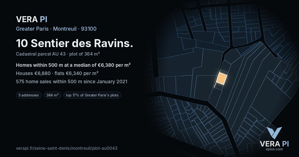 10 Sentier des Ravins, Montreuil at night – the plot lit, the parcels around coloured by the prices near them