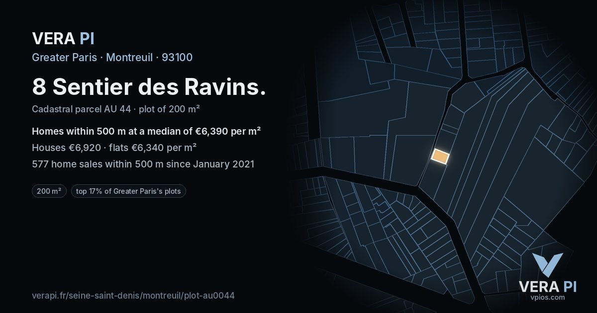 8 Sentier des Ravins, Montreuil at night – the plot lit, the parcels around coloured by the prices near them