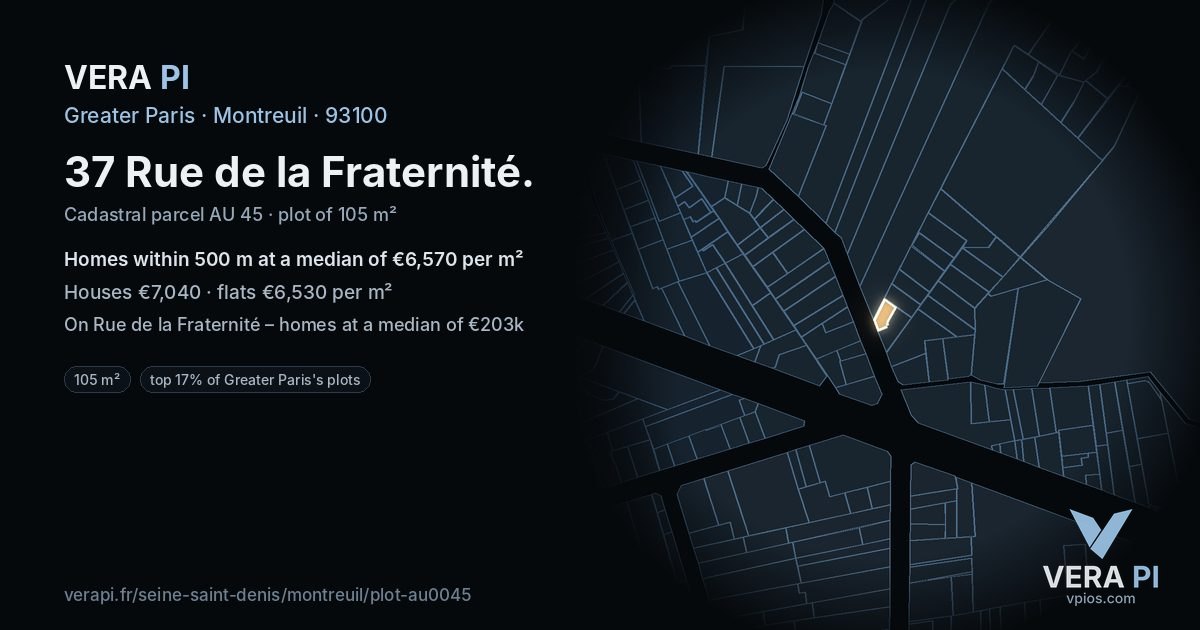 37 Rue de la Fraternité, Montreuil at night – the plot lit, the parcels around coloured by the prices near them