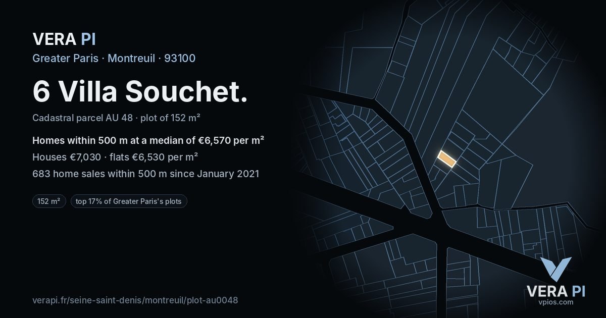 6 Villa Souchet, Montreuil at night – the plot lit, the parcels around coloured by the prices near them