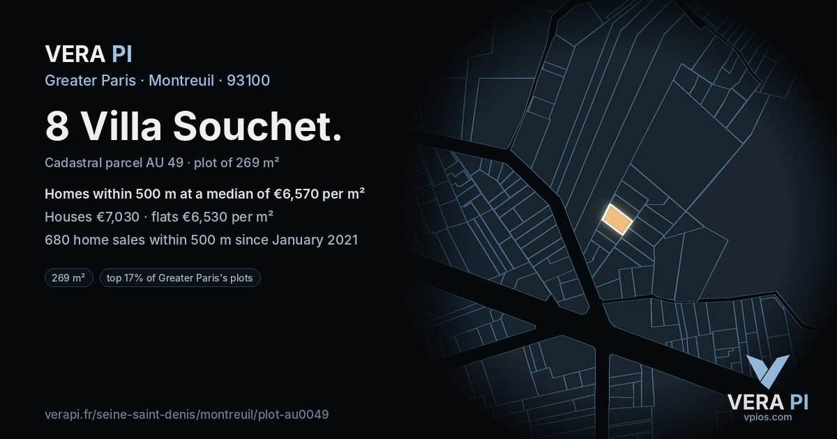 8 Villa Souchet, Montreuil at night – the plot lit, the parcels around coloured by the prices near them