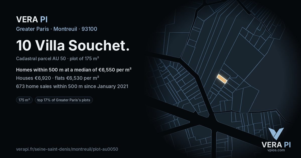 10 Villa Souchet, Montreuil at night – the plot lit, the parcels around coloured by the prices near them