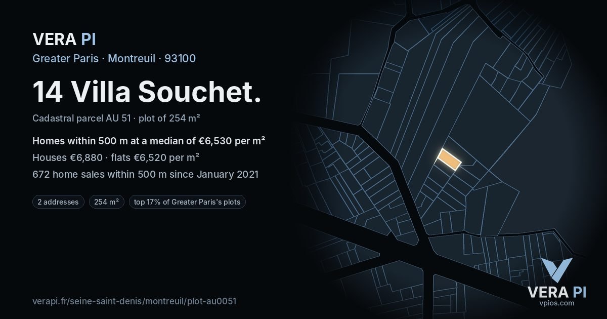 14 Villa Souchet, Montreuil at night – the plot lit, the parcels around coloured by the prices near them