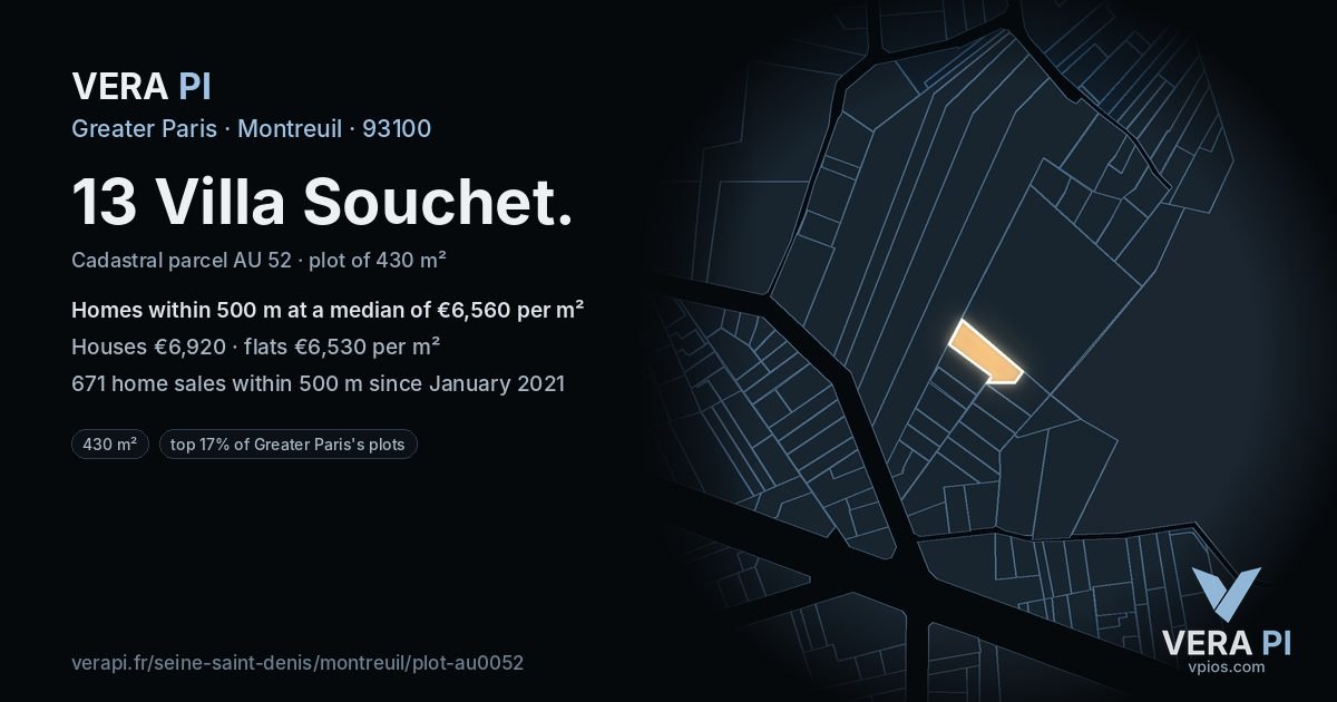 13 Villa Souchet, Montreuil at night – the plot lit, the parcels around coloured by the prices near them