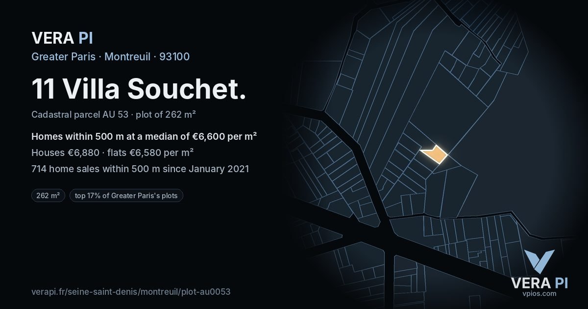 11 Villa Souchet, Montreuil at night – the plot lit, the parcels around coloured by the prices near them
