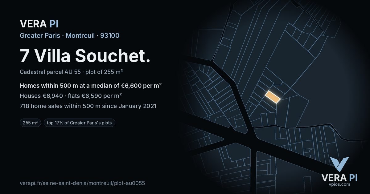 7 Villa Souchet, Montreuil at night – the plot lit, the parcels around coloured by the prices near them
