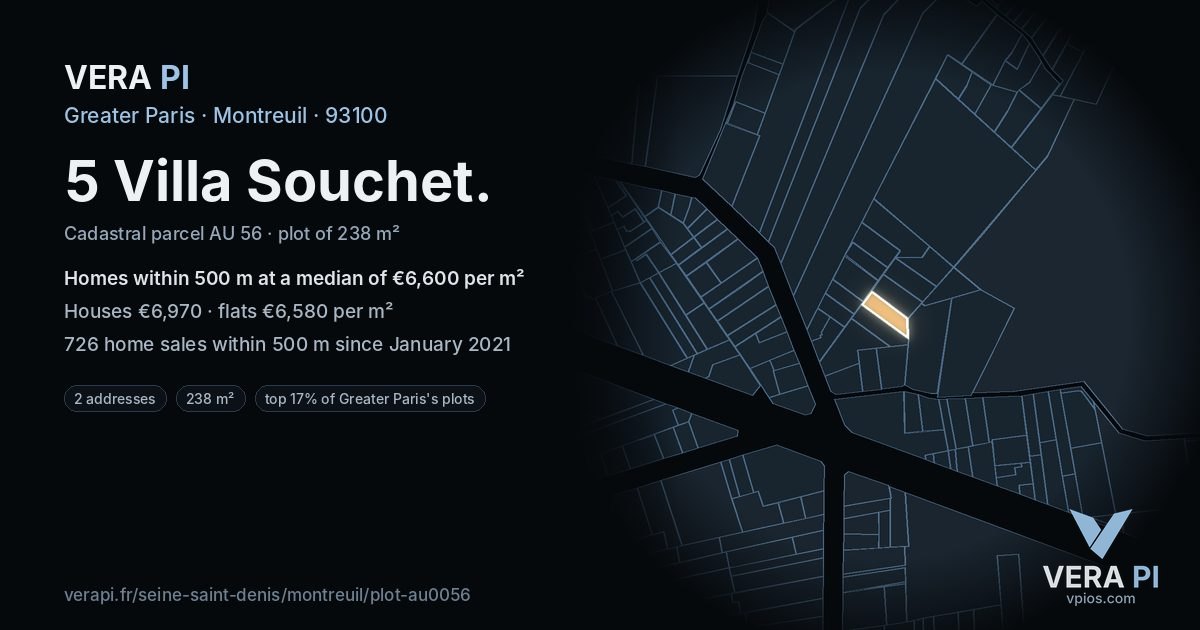 5 Villa Souchet, Montreuil at night – the plot lit, the parcels around coloured by the prices near them