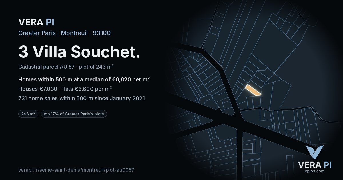 3 Villa Souchet, Montreuil at night – the plot lit, the parcels around coloured by the prices near them