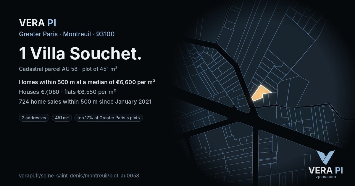1 Villa Souchet, Montreuil at night – the plot lit, the parcels around coloured by the prices near them
