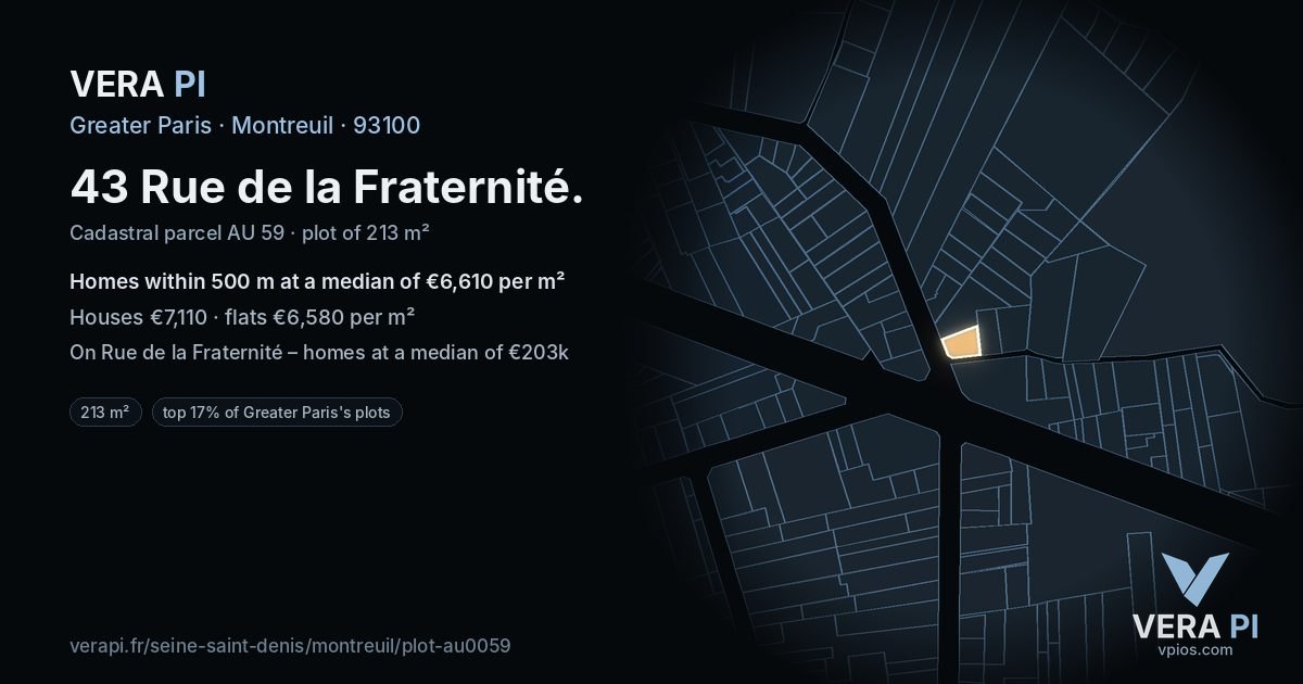 43 Rue de la Fraternité, Montreuil at night – the plot lit, the parcels around coloured by the prices near them