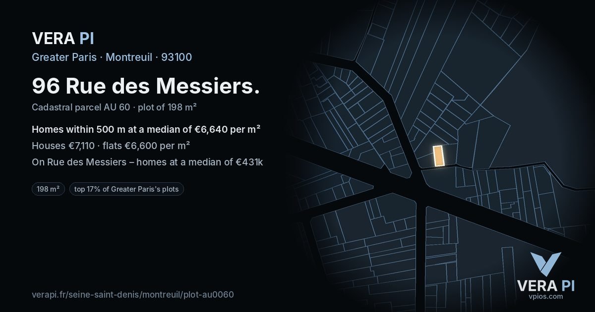96 Rue des Messiers, Montreuil at night – the plot lit, the parcels around coloured by the prices near them