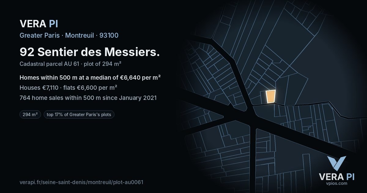 92 Sentier des Messiers, Montreuil at night – the plot lit, the parcels around coloured by the prices near them
