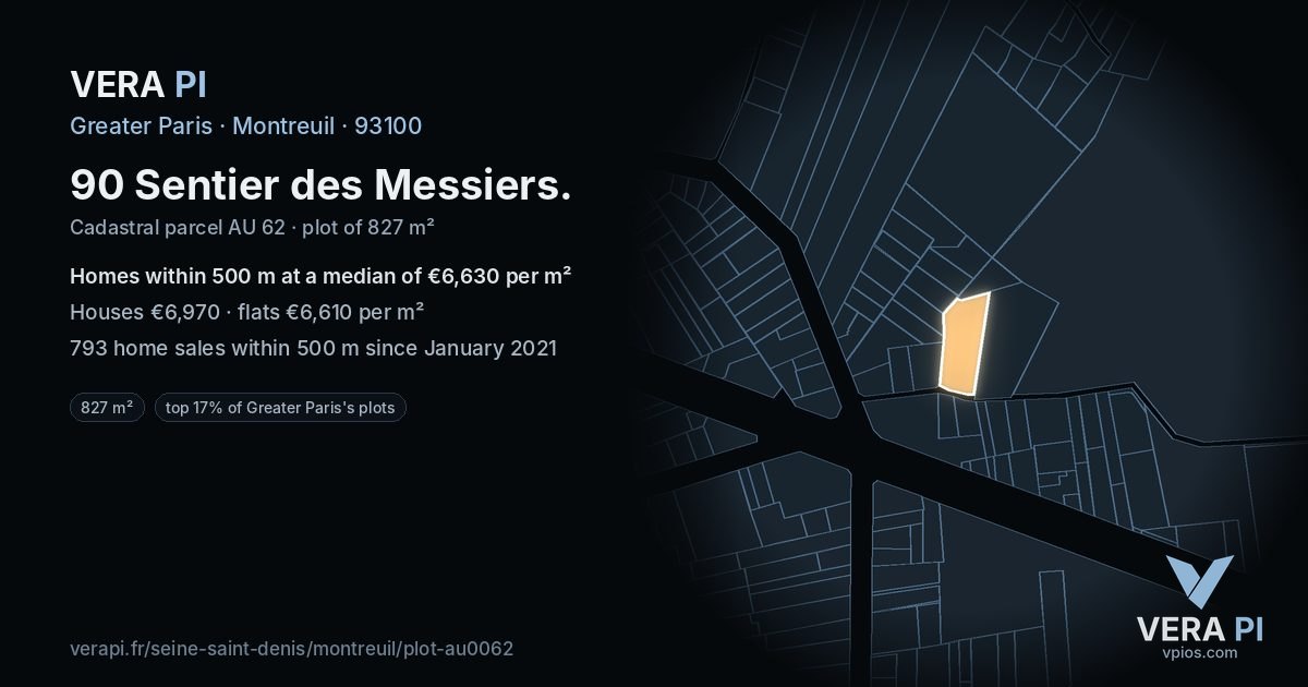 90 Sentier des Messiers, Montreuil at night – the plot lit, the parcels around coloured by the prices near them