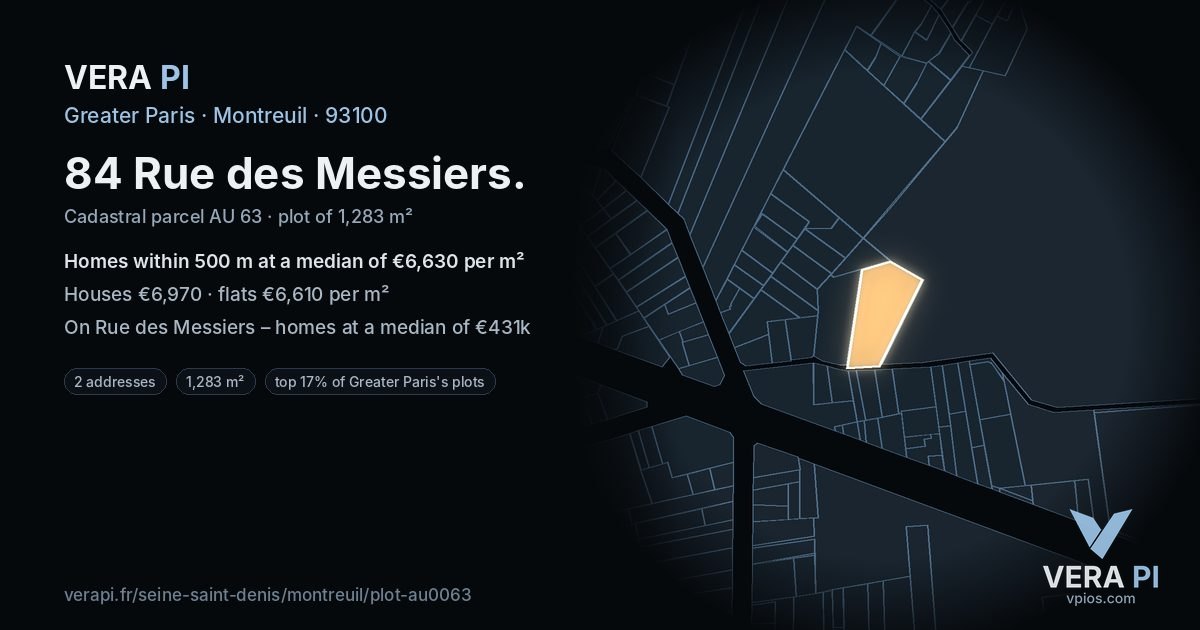 84 Rue des Messiers, Montreuil at night – the plot lit, the parcels around coloured by the prices near them
