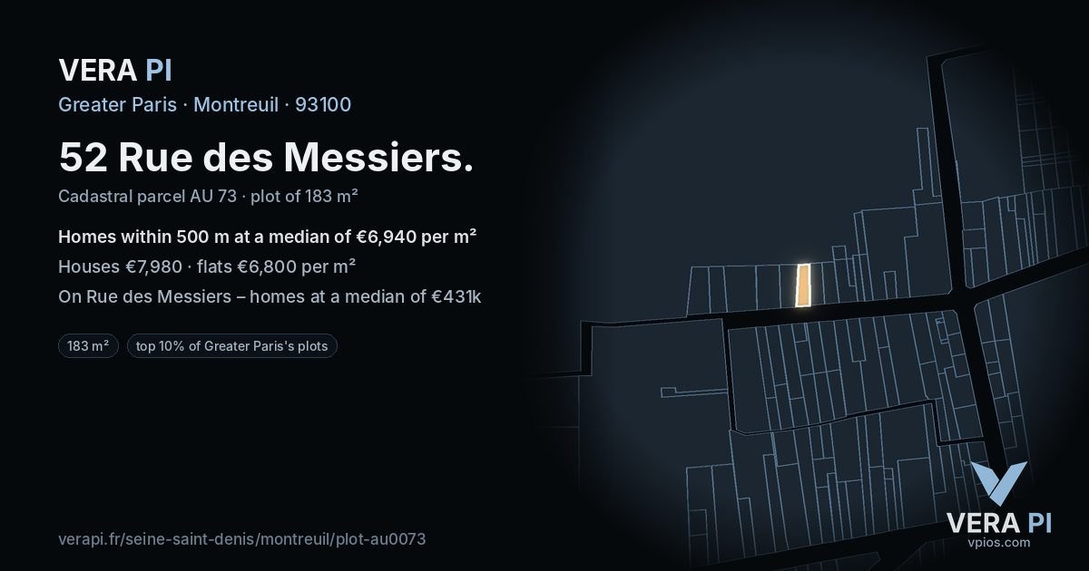 52 Rue des Messiers, Montreuil at night – the plot lit, the parcels around coloured by the prices near them