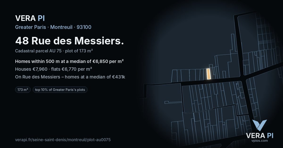 48 Rue des Messiers, Montreuil at night – the plot lit, the parcels around coloured by the prices near them