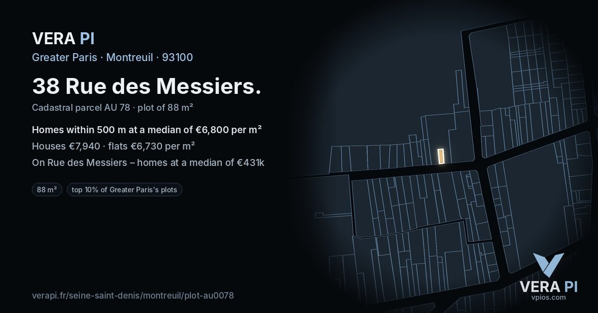 38 Rue des Messiers, Montreuil at night – the plot lit, the parcels around coloured by the prices near them