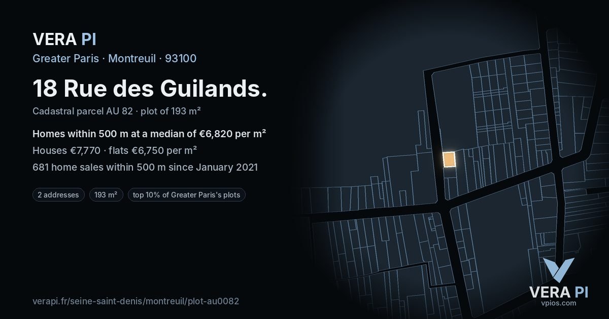 18 Rue des Guilands, Montreuil at night – the plot lit, the parcels around coloured by the prices near them