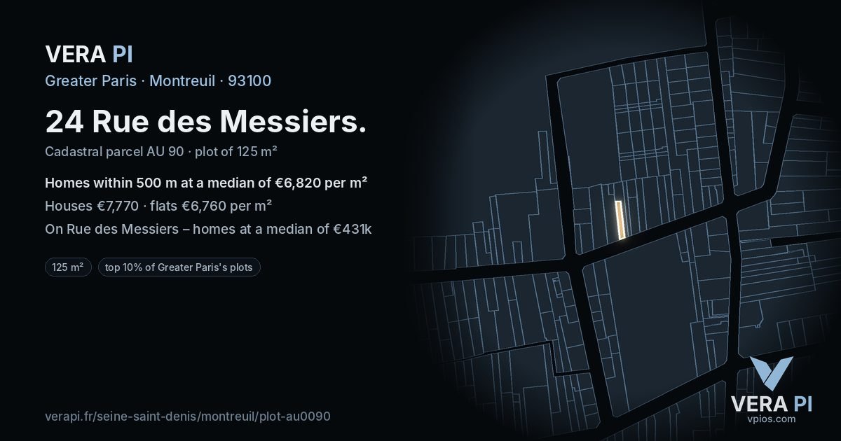 24 Rue des Messiers, Montreuil at night – the plot lit, the parcels around coloured by the prices near them