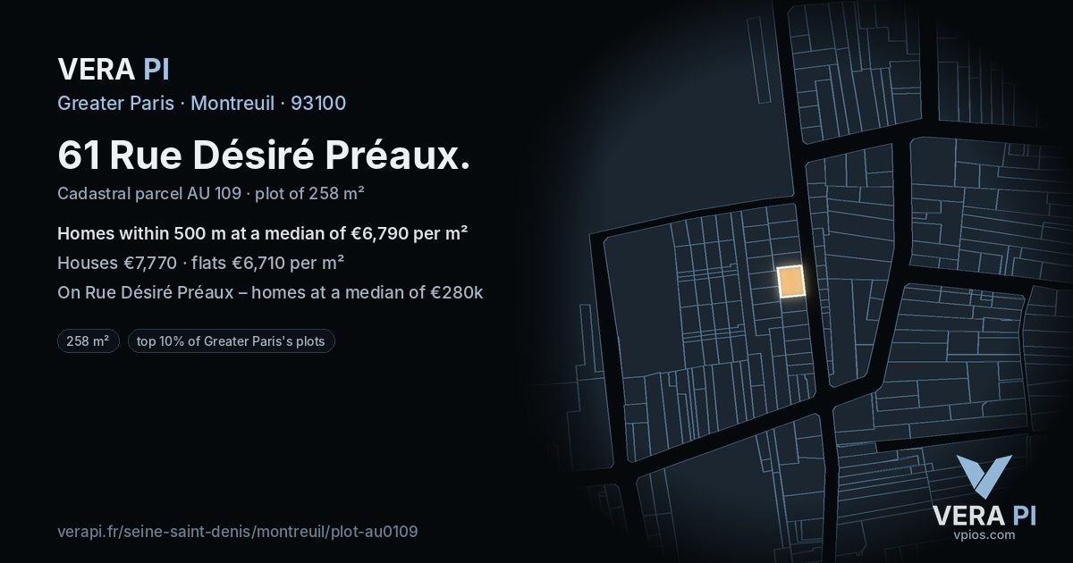 61 Rue Désiré Préaux, Montreuil at night – the plot lit, the parcels around coloured by the prices near them