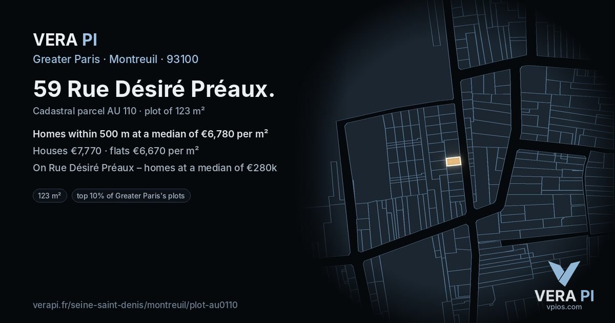 59 Rue Désiré Préaux, Montreuil at night – the plot lit, the parcels around coloured by the prices near them