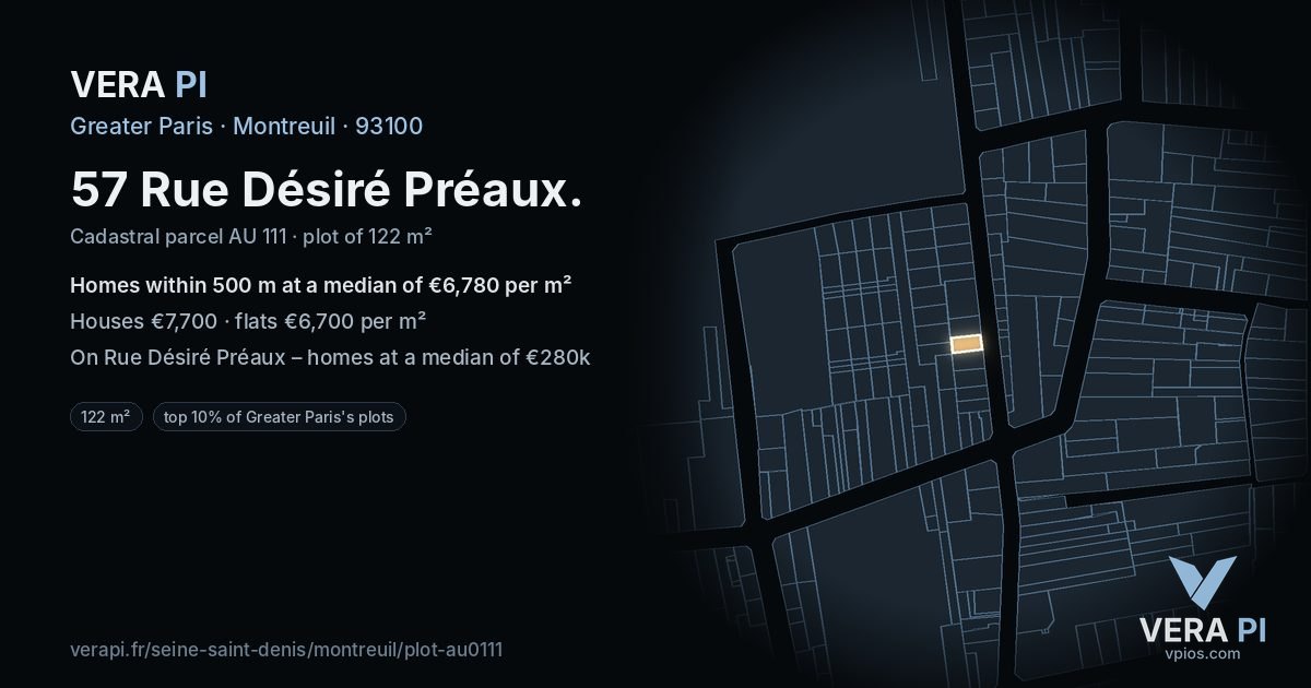 57 Rue Désiré Préaux, Montreuil at night – the plot lit, the parcels around coloured by the prices near them