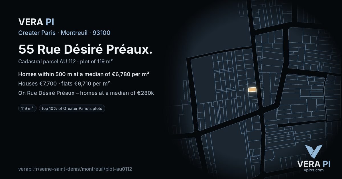 55 Rue Désiré Préaux, Montreuil at night – the plot lit, the parcels around coloured by the prices near them