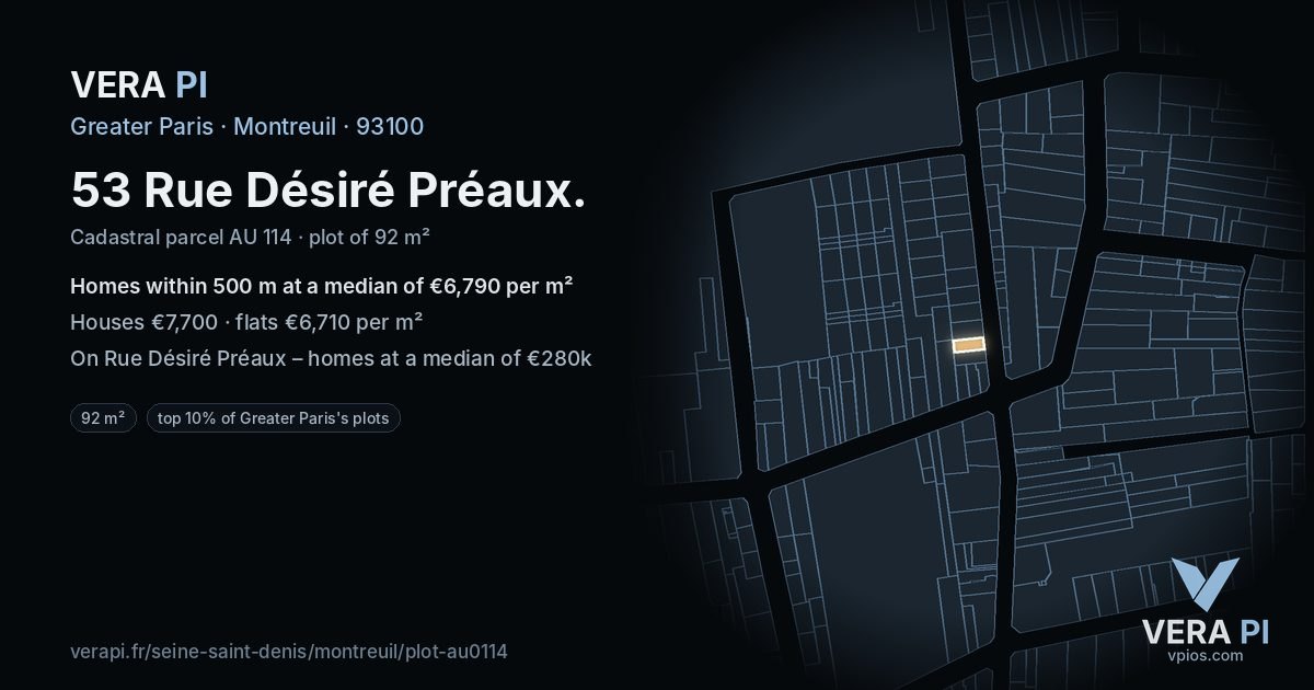 53 Rue Désiré Préaux, Montreuil at night – the plot lit, the parcels around coloured by the prices near them