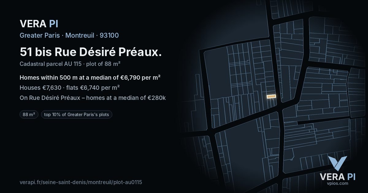 51 bis Rue Désiré Préaux, Montreuil at night – the plot lit, the parcels around coloured by the prices near them