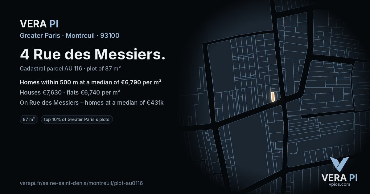 4 Rue des Messiers, Montreuil at night – the plot lit, the parcels around coloured by the prices near them