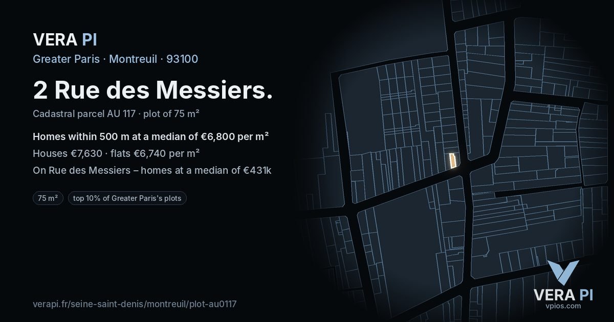 2 Rue des Messiers, Montreuil at night – the plot lit, the parcels around coloured by the prices near them
