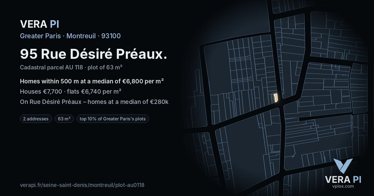 95 Rue Désiré Préaux, Montreuil at night – the plot lit, the parcels around coloured by the prices near them