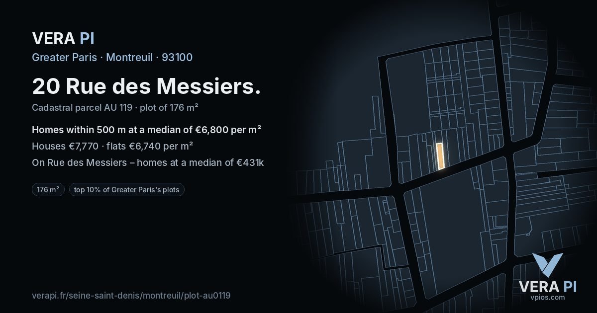 20 Rue des Messiers, Montreuil at night – the plot lit, the parcels around coloured by the prices near them