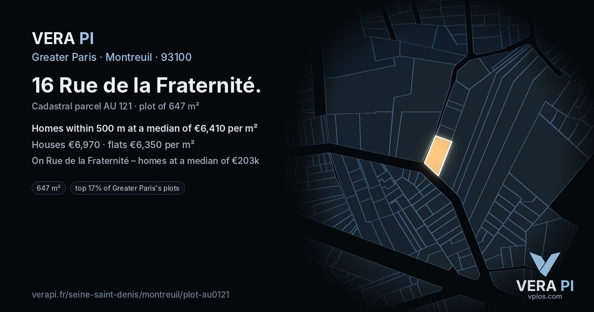 16 Rue de la Fraternité, Montreuil at night – the plot lit, the parcels around coloured by the prices near them