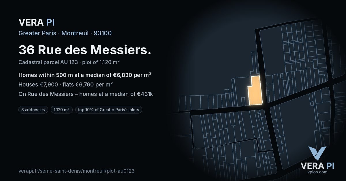36 Rue des Messiers, Montreuil at night – the plot lit, the parcels around coloured by the prices near them