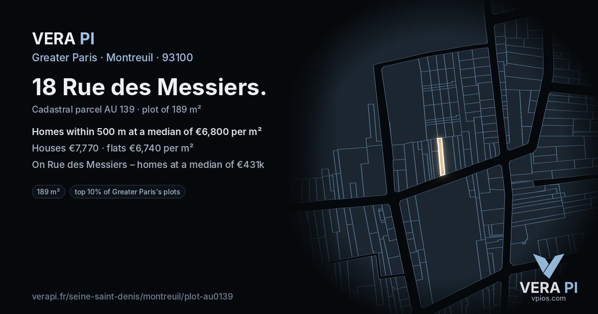 18 Rue des Messiers, Montreuil at night – the plot lit, the parcels around coloured by the prices near them