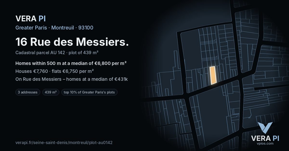 16 Rue des Messiers, Montreuil at night – the plot lit, the parcels around coloured by the prices near them