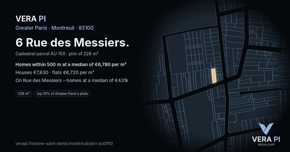 6 Rue des Messiers, Montreuil at night – the plot lit, the parcels around coloured by the prices near them